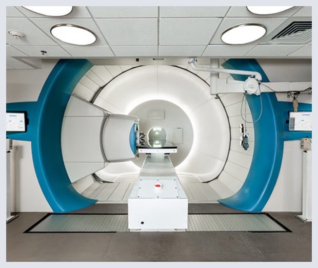 The proton therapy gantry rotates 360 degrees enabling the treatment nozzle to be positioned at the optimal treatment angle for each patient.